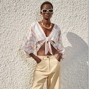 ZARA Striped Linen Balloon Sleeve Crop Top Size S